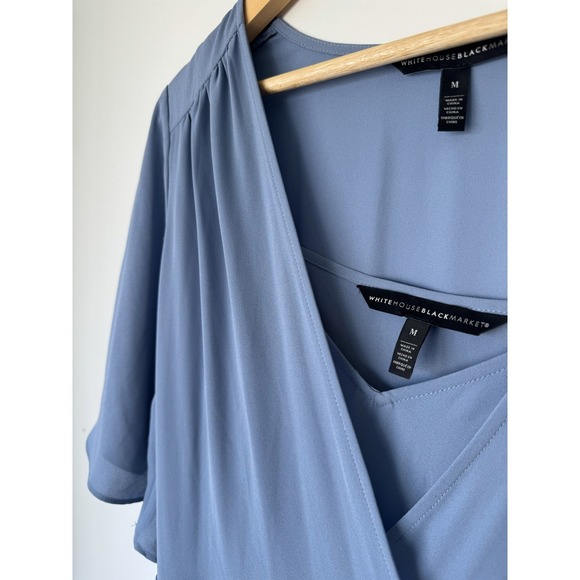 White House Black Market Slate Blue Wrap Midi Dress Flutter Sleeve Tie Waist M - Picture 4 of 4